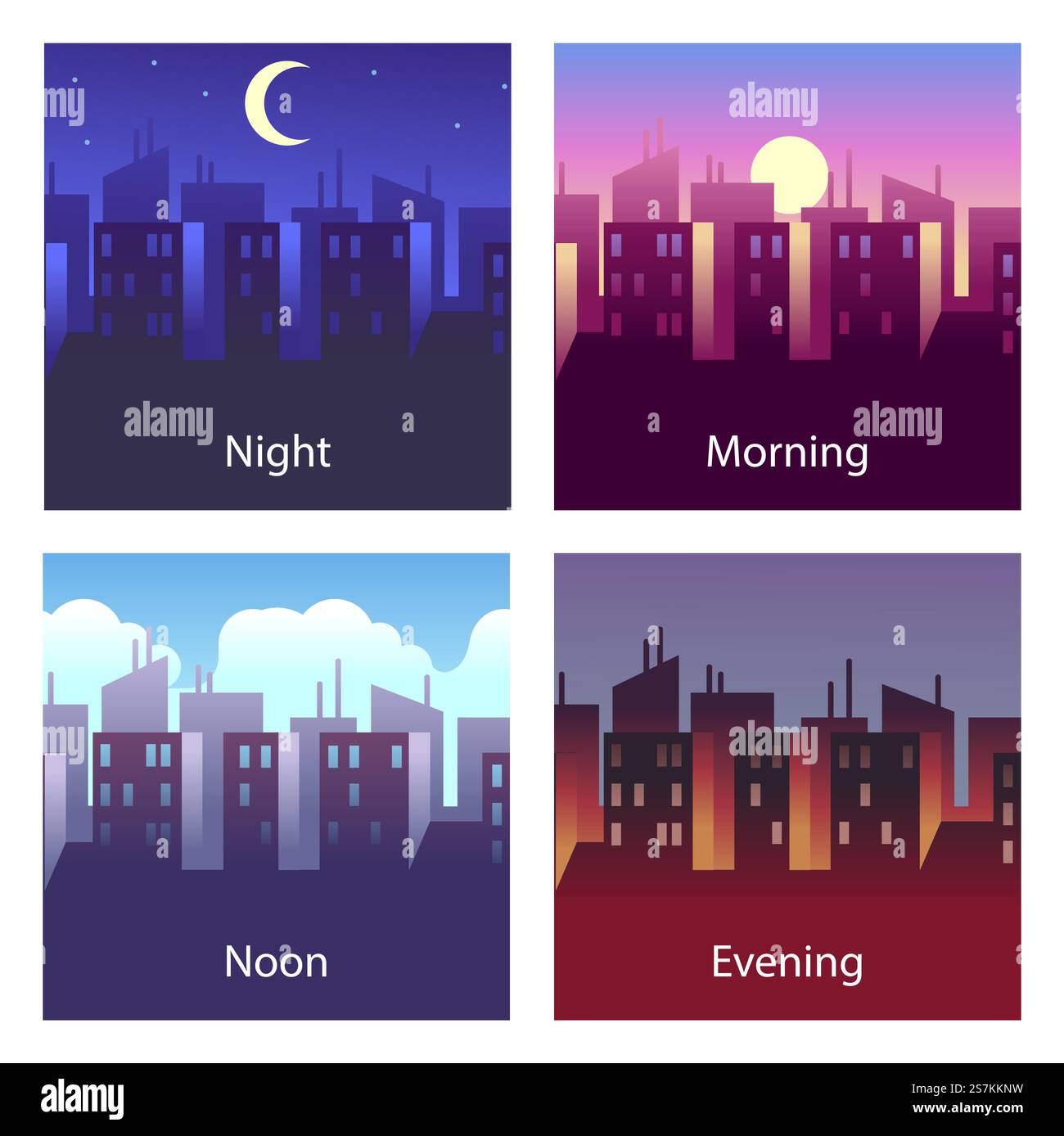 Orari diversi della giornata. Notte e mattina, mezzogiorno e sera. 4 volte illustrazioni vettoriali del paesaggio cittadino con la silhouette del grattacielo. Orari diversi della giornata. Notte e mattina, mezzogiorno e sera. 4 volte le illustrazioni vettoriali del paesaggio cittadino Illustrazione Vettoriale