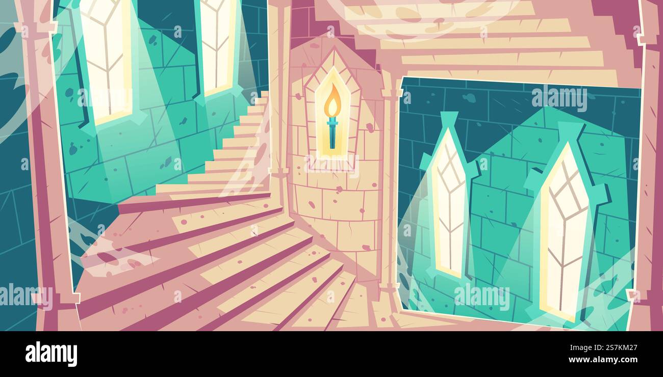 Scala a chiocciola che conduce alla prigione sotterranea nel castello medievale o palazzo vecchio, torre abbandonata con la luce del sole che passa attraverso finestre, ragnatela, torcia in fiamme su pareti di pietra e colonne illustrazione vettoriale dei cartoni animati. Scala a chiocciola nella torre del castello vettore dei cartoni animati Illustrazione Vettoriale
