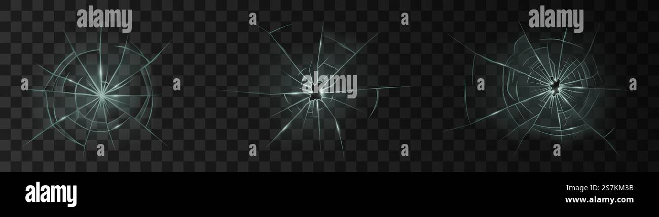 Set di vetro rotto realistico con fori. Vetro del finestrino o del pannello della portiera danneggiato e parabrezza isolato su sfondo scuro. illustrazione vettoriale 3d. Set di vetro rotto realistico con fori. Vetro del finestrino o del pannello della portiera e parabrezza danneggiati Illustrazione Vettoriale
