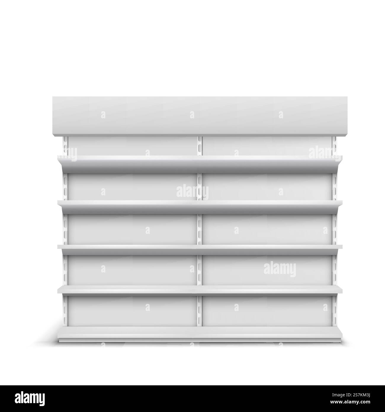 Vetrina dei supermercati scaffali vuoti 3d realistico vettoriale isolato su sfondo bianco. Scaffale o scaffale espositivo per il modello di presentazione dei prodotti. Illustrazione delle attrezzature per il commercio al dettaglio. Rack con ripiani vuoti mockup vettoriale realistico Illustrazione Vettoriale