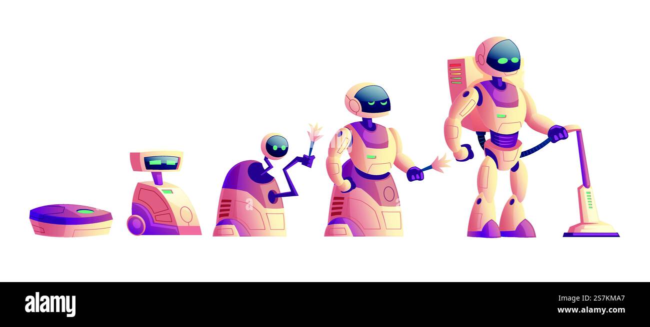 Evoluzione vettoriale dei robot, rivoluzione tecnologica dall'aspirapolvere a ruote primitivo al cyborg umanoide. Collezione di cartoni animati di elettrodomestici isolati su sfondo bianco. Intelligenza artificiale. Evoluzione vettoriale dei robot, concetto di aspirapolvere Illustrazione Vettoriale