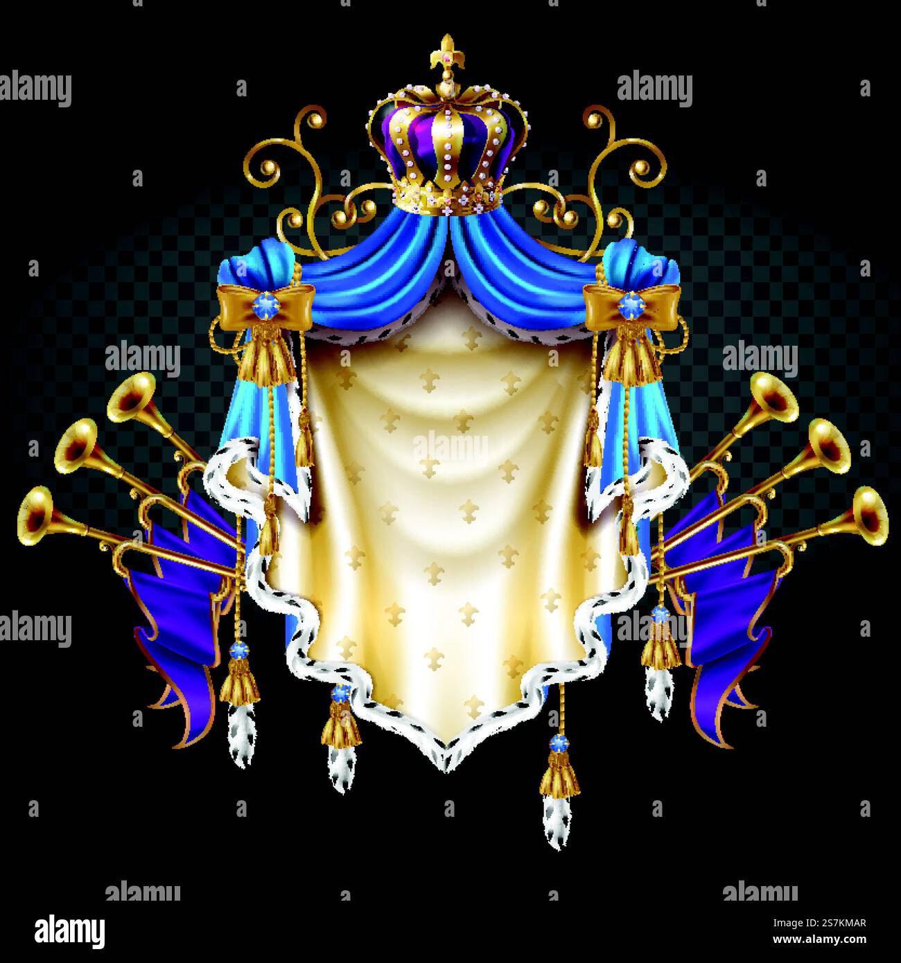 Royal coat of Arms 3d vettore realistico isolato su sfondo trasparente. Emblema araldico medievale del sovrano, del re o dell'imperatore con una preziosa corona su un mantello di seta blu e un'illustrazione di Bugles dorati. Royal Dynasty House emblema vettoriale realistico in 3d. Illustrazione Vettoriale
