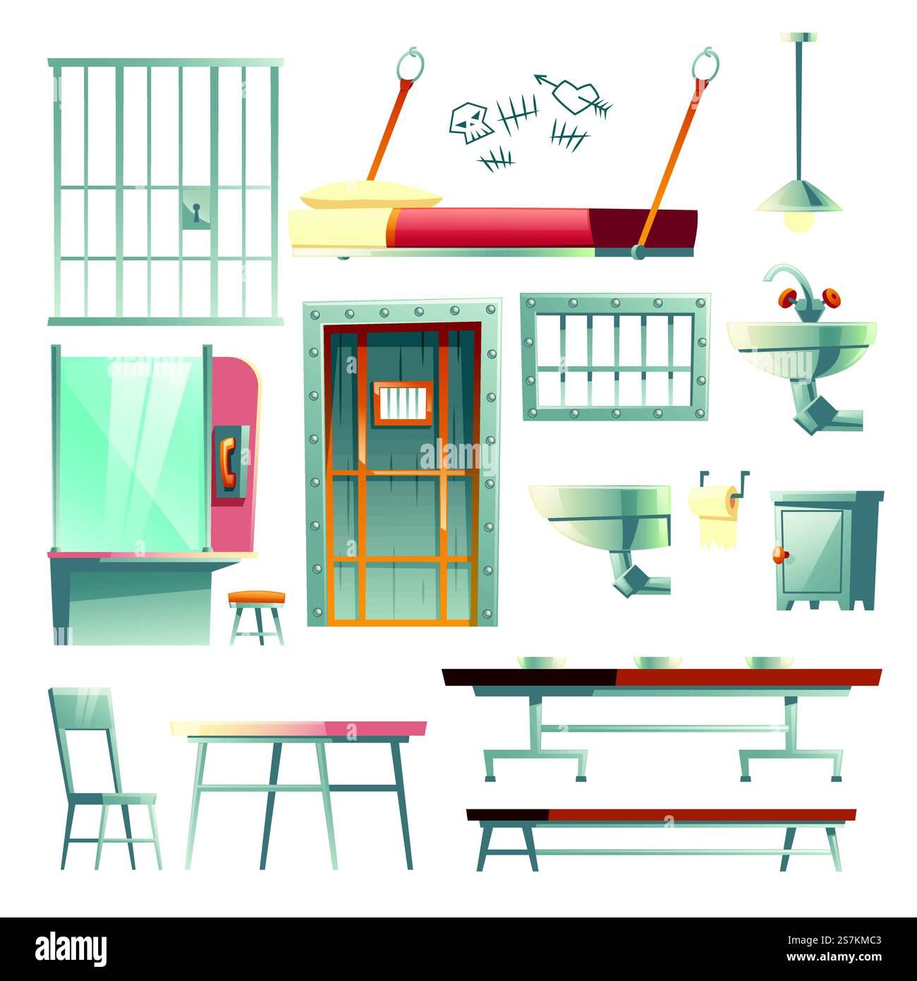 Cella della prigione, arredi per la sala da pranzo e la sala da visita della prigione, elementi di design degli interni, set vettoriale di cartoni animati isolato su sfondo bianco. Illustrazione di barre d'acciaio, tavolo, porta, letto, lavandino e ciotola. Set vettoriale cartoni animati con elementi interni delle celle carcerarie Illustrazione Vettoriale Cella della prigione, arredi per la sala da pranzo e la sala da visita della prigione, elementi di design degli interni, set vettoriale di cartoni animati isolato su sfondo bianco. Illustrazione di barre d'acciaio, tavolo, porta, letto, lavandino e ciotola. Set vettoriale cartoni animati con elementi interni delle celle carcerarie Illustrazione Vettoriale