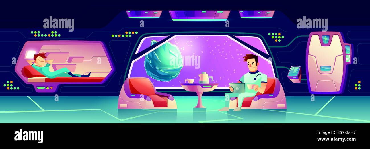 Illustrazione vettoriale con una camera da letto sull'astronauta con astronauti. I membri dell'equipaggio si rilassano, gli abitanti di sesso femminile e maschile. I turisti o i coloni si riposano in una stazione spaziale, in un hotel orbitale o in una stanza base colonia. Camera da letto vettoriale sull'astronave, stazione con astronauti Illustrazione Vettoriale