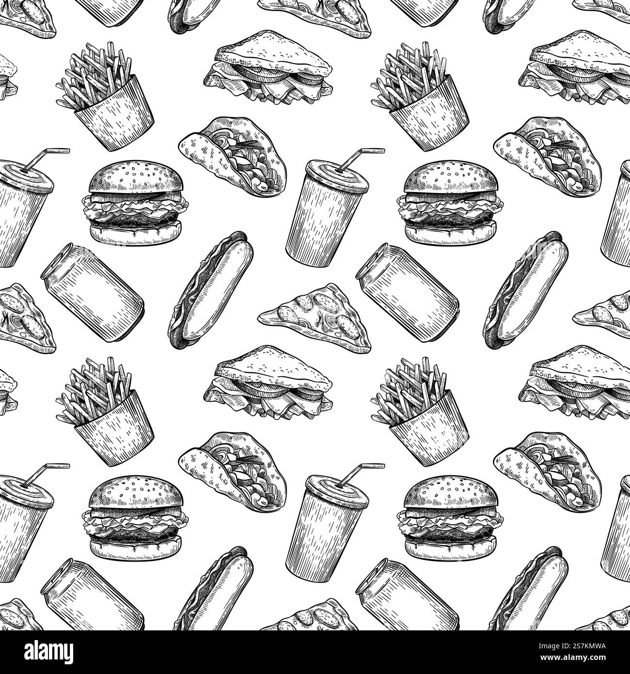 Fast food senza cuciture. Pizza disegnata a mano, hamburger e patatine fritte, hot dog, hamburger e cola per un menu di fast food, carta da parati vettoriale. Disegna un pasto spazzatura e una bevanda analcolica per creare un menu. Fast food senza cuciture. Pizza disegnata a mano, hamburger e patatine fritte, hot dog, hamburger e cola per un menu di fast food, carta da parati vettoriale Illustrazione Vettoriale