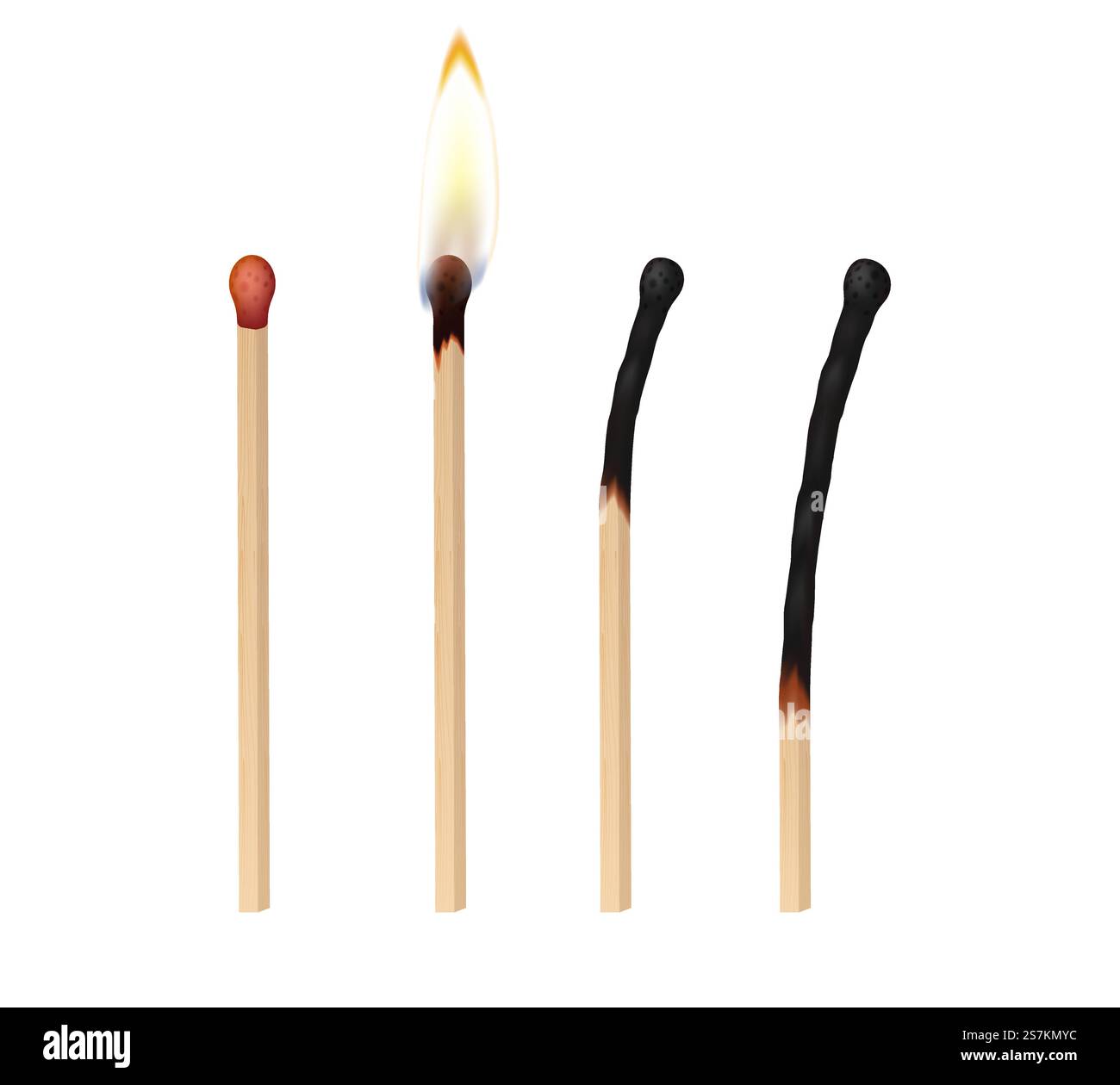 Set di corrispondenze realistiche: Bruciatura, con fiamma o combustione isolata su sfondo bianco. Collezione di fiammiferi in legno. illustrazione vettoriale 3d. Set di corrispondenze realistiche: Bruciatura, con fiamma o combustione isolata su sfondo bianco Illustrazione Vettoriale