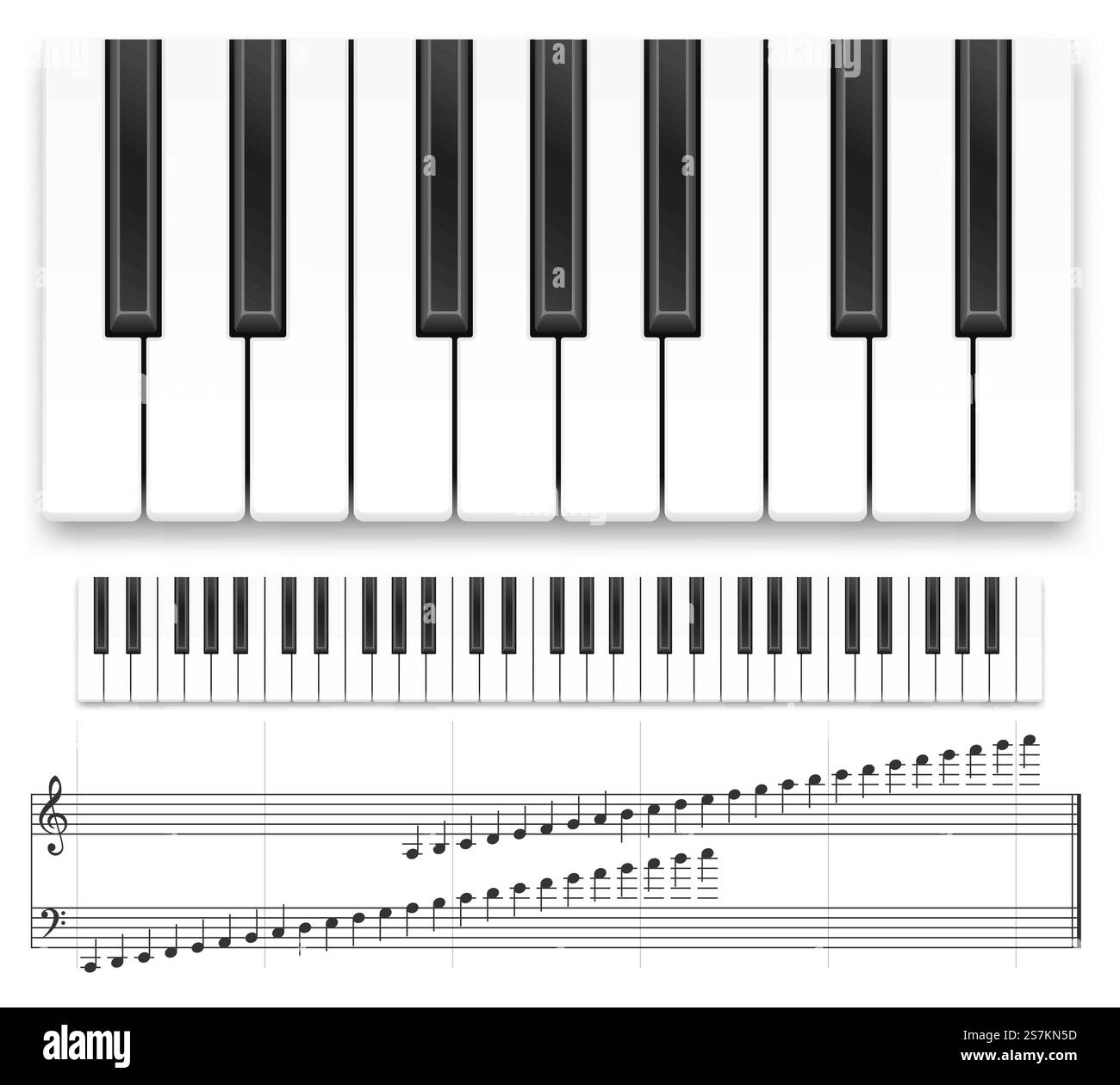 Tastiera per pianoforte. Strumento musicale realistico con vista dall'alto, tastiera a pianoforte a coda o sintetizzatore e modello vettoriale di note musicali. Concetto creativo musicale, design per studio di registrazione su sfondo bianco. Tastiera per pianoforte. Strumento musicale realistico con vista dall'alto, tastiera a pianoforte a coda o sintetizzatore e modello vettoriale di note musicali Illustrazione Vettoriale