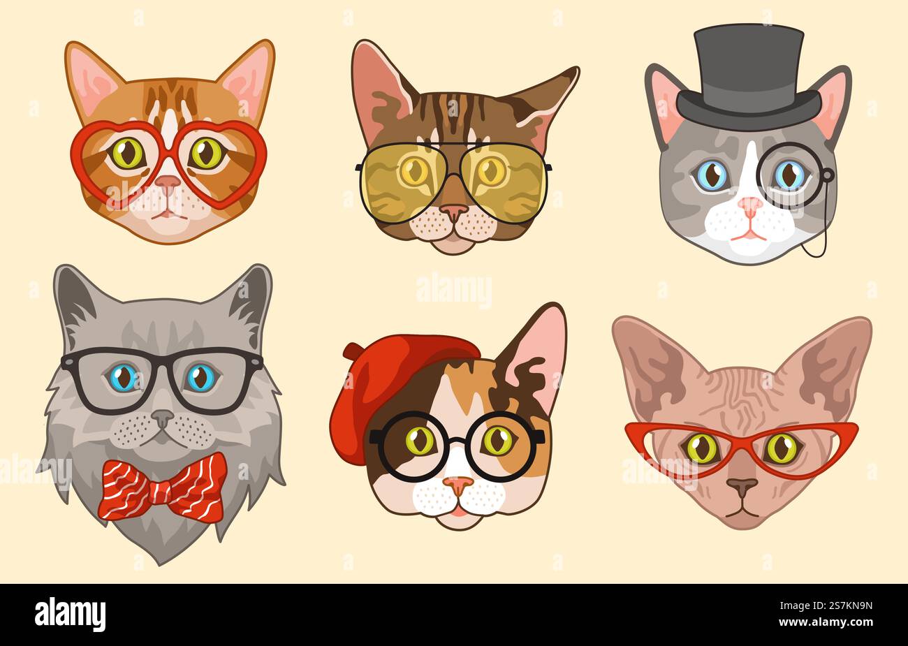 Teste di gatto. Simpatici e divertenti giochi di gatti con accessori, occhiali e cappelli, papillon. Happy hipster PET vettore che disegna moderni personaggi isolati da animali. Teste di gatto. Simpatici e divertenti giochi di gatti con accessori, occhiali e cappelli, papillon. Happy hipster Pets Vector Character Illustrazione Vettoriale