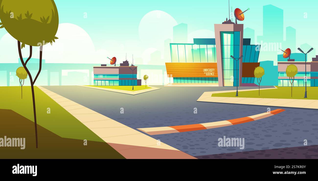 Costruire l'Università della Scienza. Scuola universitaria universitaria istituto scolastico esterno con enormi finestre di vetro e antenna satellitare sullo sfondo del paesaggio estivo illustrazione vettoriale Cartoon. Costruire l'Università della Scienza. Campus universitario Illustrazione Vettoriale