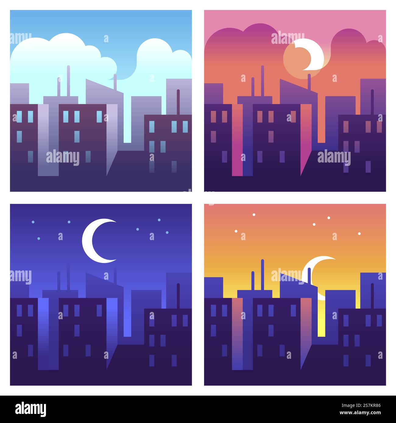 Orari dei giorni della città. Mattina e mezzogiorno, paesaggio urbano serale e notturno, edifici e grattacieli in orari diversi, moderno concetto di paesaggio urbano, illustrazioni vettoriali di cartoni animati in stile piatto. Orari dei giorni della città. Mattina e mezzogiorno, paesaggio urbano serale e notturno, edifici e grattacieli in orari diversi, concetto di paesaggio urbano, illustrazioni vettoriali in stile piatto Illustrazione Vettoriale