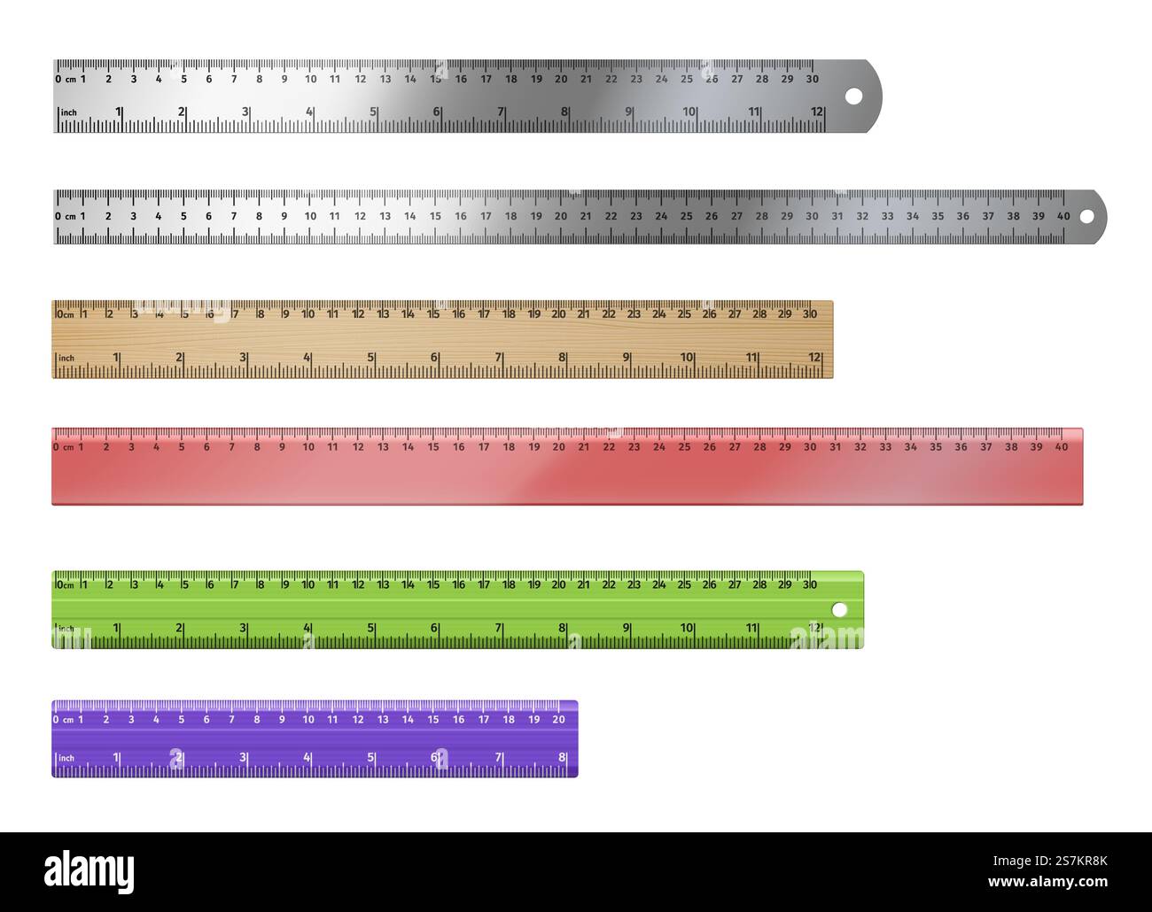 Set di righelli realistici: Plastica e metallo di diversa lunghezza e colore con misure. Righelli con due lati di misura in pollici e centimetri. illustrazione vettoriale 3d. Set di righelli realistici: Plastica e metallo di diversa lunghezza e colore con misure Illustrazione Vettoriale