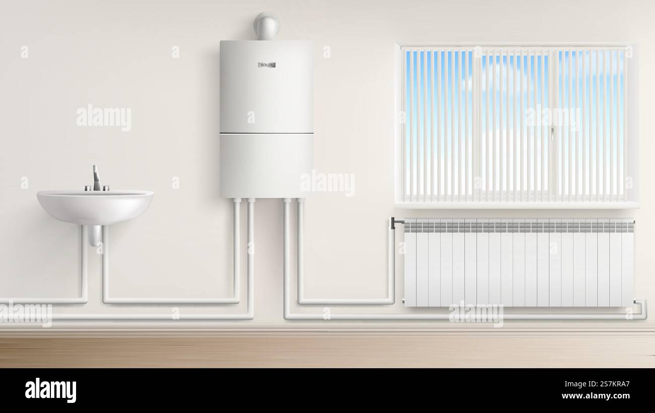 Bagno con scaldabagno collegato con radiatore e lavandino, interno del bagno con finestra jalousie. Elettrodomestici, impianti di riscaldamento centralizzato. Illustrazione vettoriale 3d realistica. Riscaldatore acqua caldaia con radiatore e lavabo Illustrazione Vettoriale