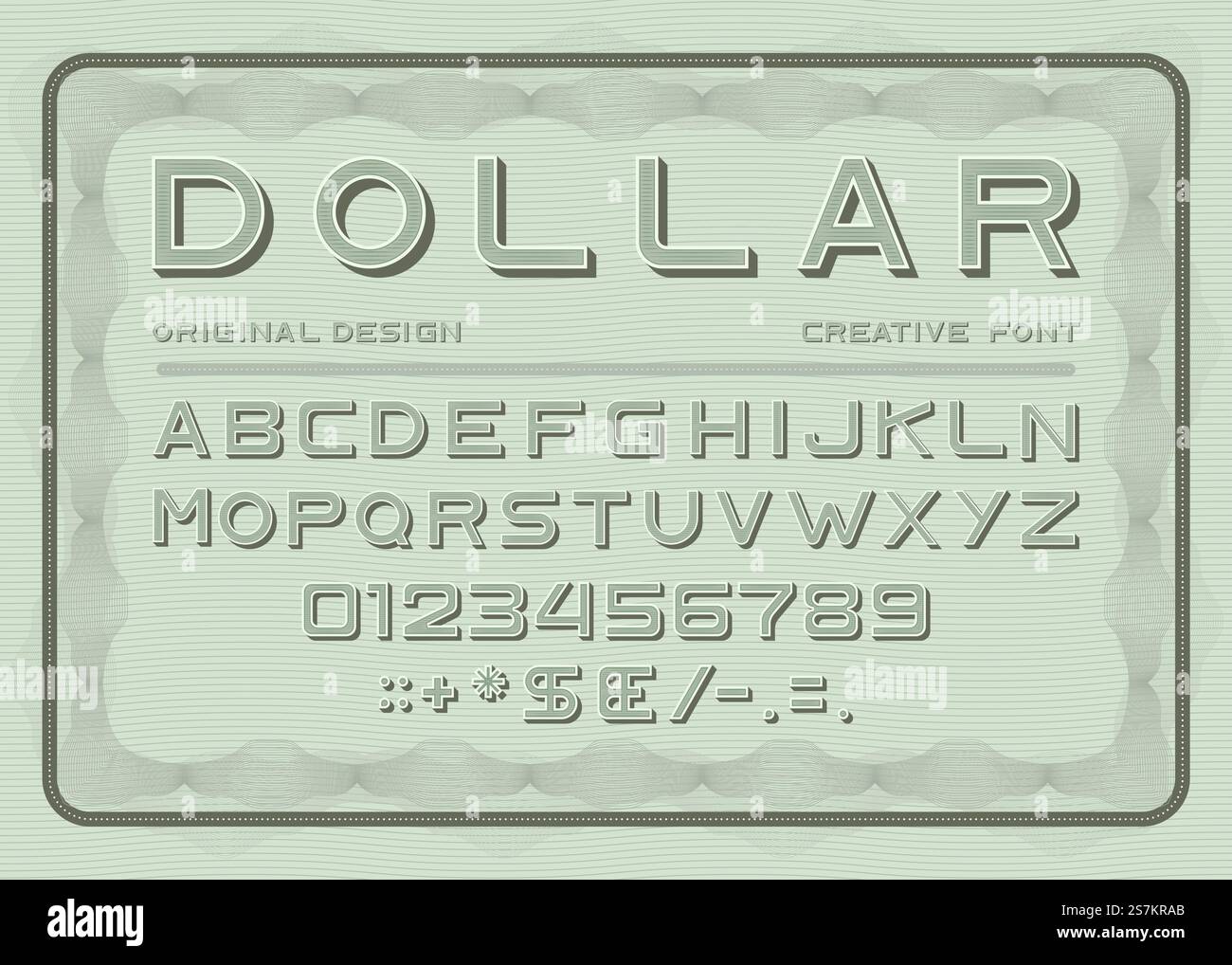 Caratteri monetari, alfabeto latino dollaro, numeri e punteggiatura sans serif in stile vintage. Lettere maiuscole ABC su banconote verdi caratteri tipografici e caratteri tipografici illustrazione vettoriale. Font monetario, alfabeto latino dollaro, sans serif Illustrazione Vettoriale