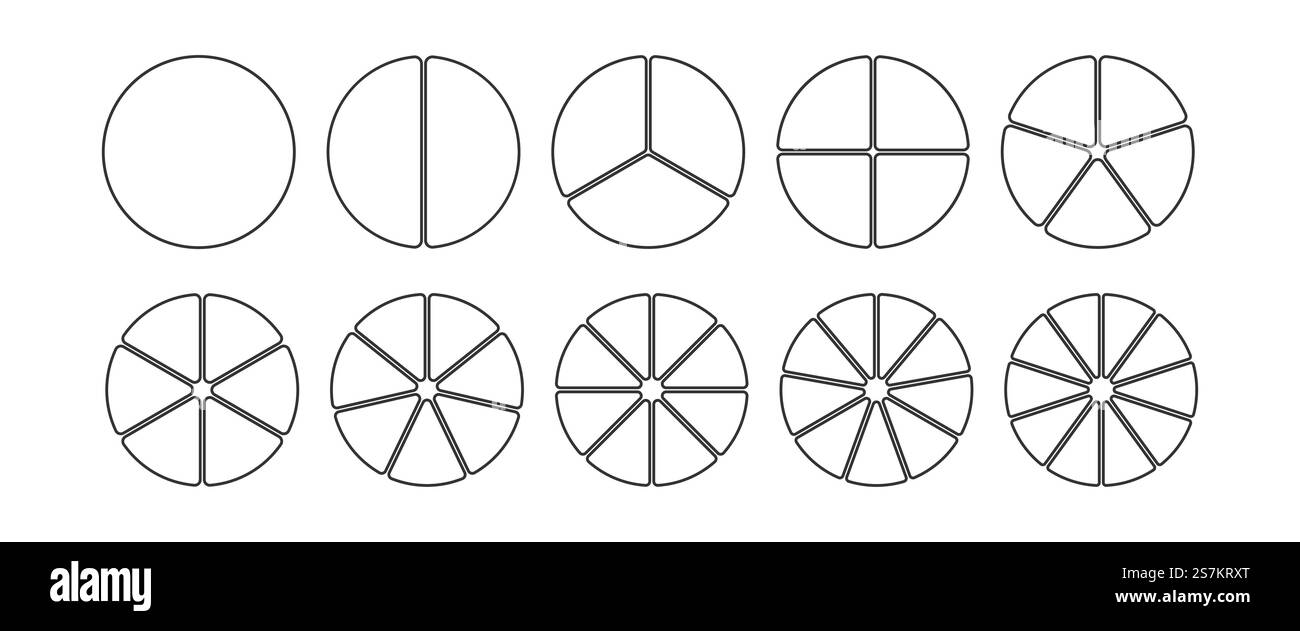 Diagramma delle ruote diviso da 1 a 10 parti, diagramma circolare lineare cerchio infografico diviso in segmenti di pizza o torta, icone vettoriali piatte Illustrazione Vettoriale