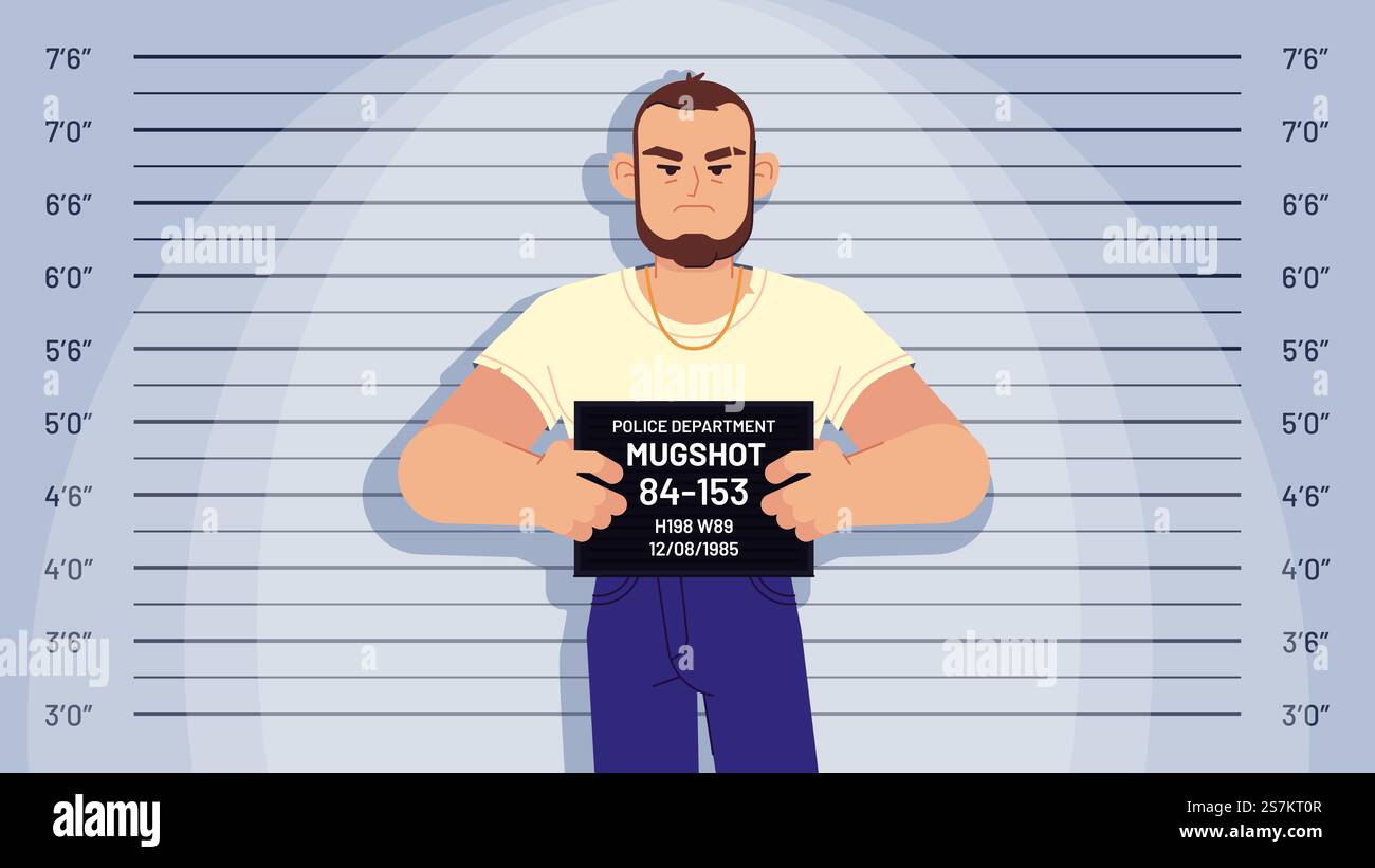 Cartoon ha arrestato un rapina di gangster. Arrestati criminali per l'identificazione, foto alla stazione di polizia, concetto di vettore del profilo sospetto. Rapinatore, ladro che posa sullo sfondo della scala dell'altezza. Cartoon ha arrestato un rapina di gangster. Arrestati criminali per l'identificazione, foto alla stazione di polizia, concetto di vettore del profilo sospetto Illustrazione Vettoriale