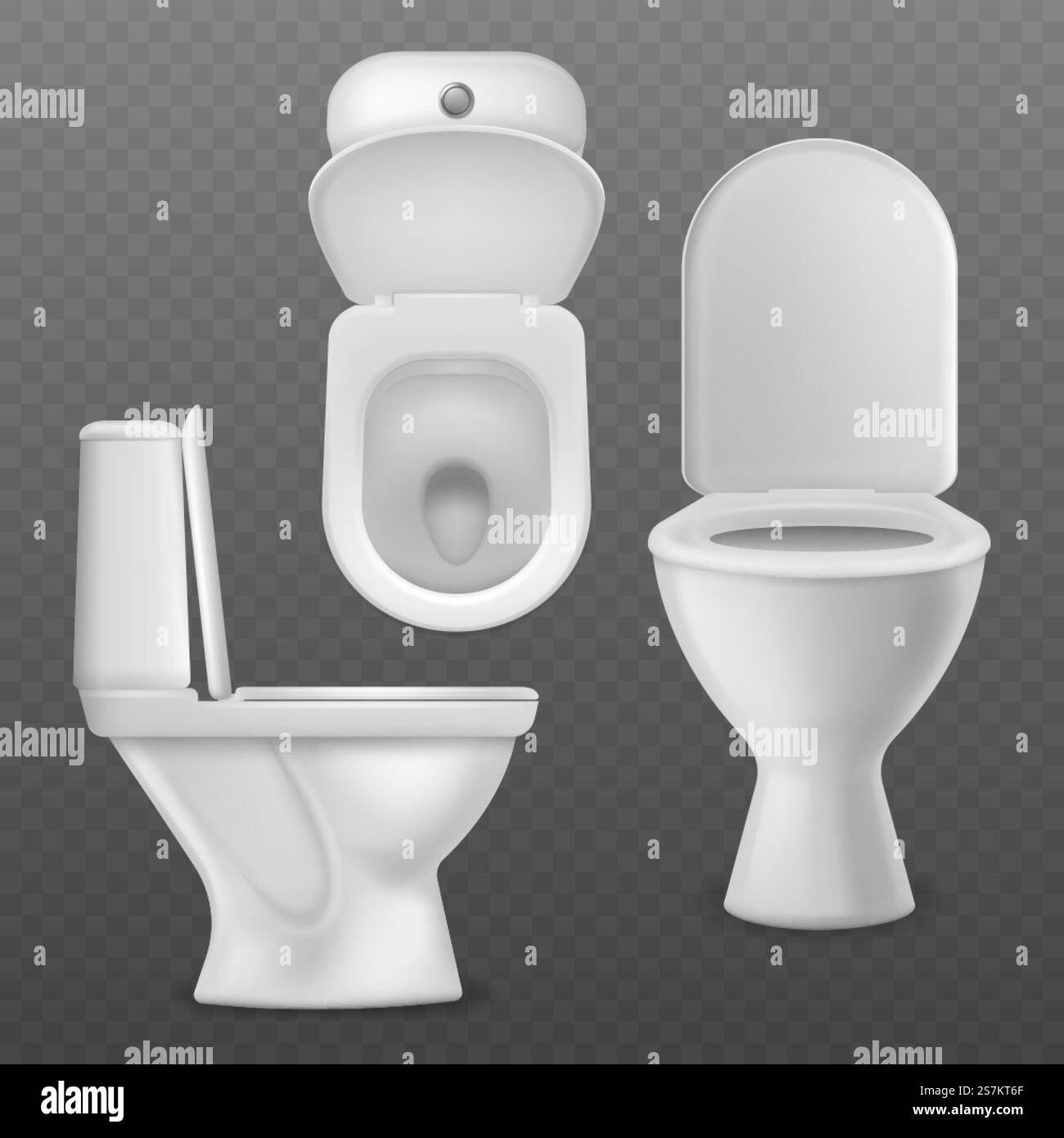 Ciotola del bagno realistica. Lavandino bianco, bagno con lavandino pulito, ciotole in ceramica, vista frontale e laterale. WC, accessori interni, mockup vettoriali. Ciotola del bagno realistica. Lavandino bianco, bagno con lavandino pulito, ciotole in ceramica, vista frontale e laterale. Mockup vettoriali per WC Illustrazione Vettoriale