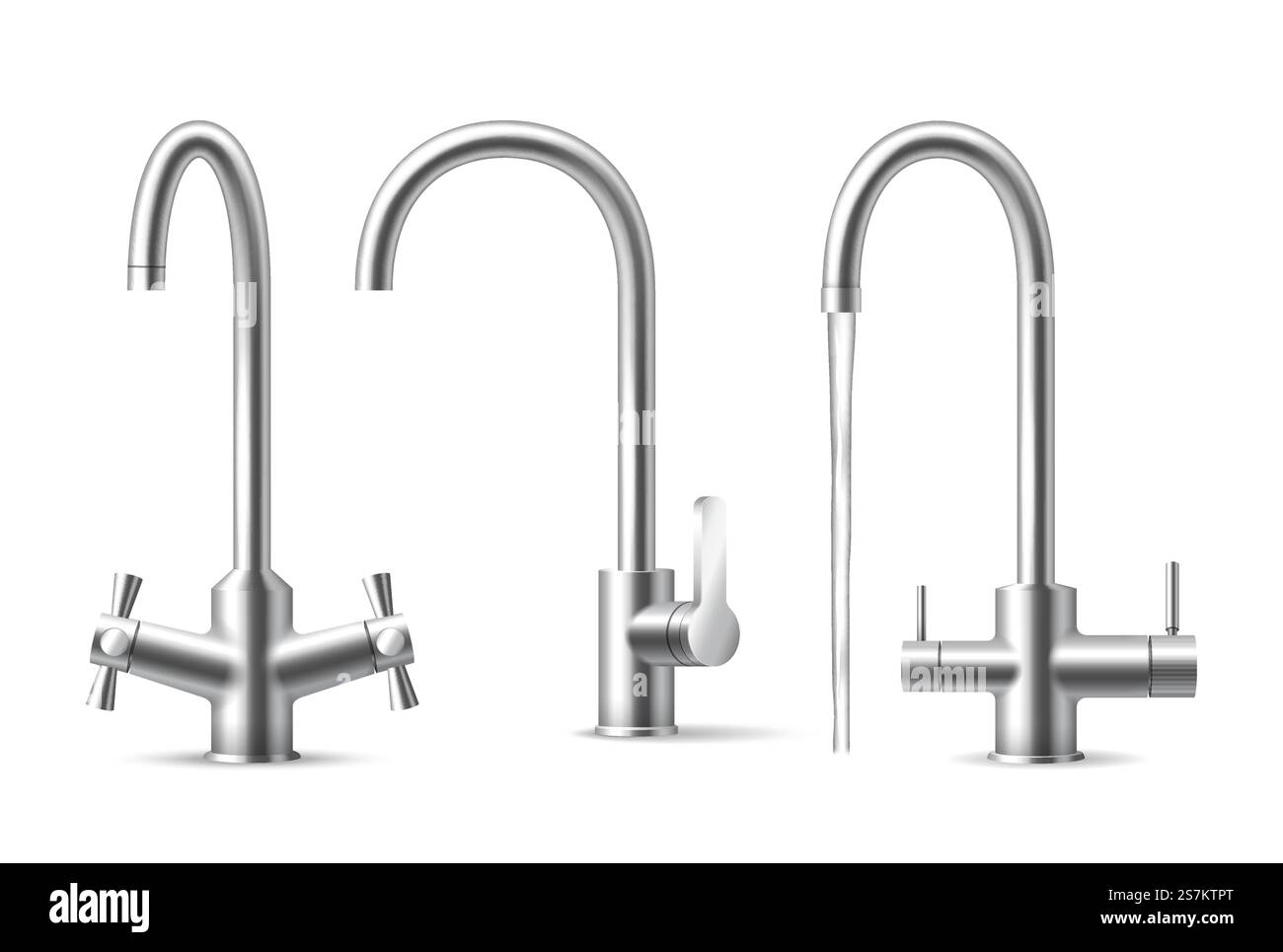 Rubinetto dell'acqua realistico. Utensile da cucina cromato Aqua, set rubinetto in acciaio con acqua in caduta. Gru in metallo inox per lavabo in cucina. illustrazione vettoriale 3d. Rubinetto dell'acqua realistico. Utensile da cucina cromato AQUA, set rubinetti in acciaio. Gru in metallo inox Illustrazione Vettoriale