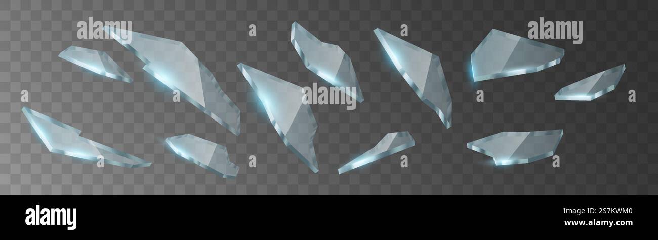 Schegge trasparenti realistiche di vetro rotto su sfondo trasparente a scacchi. Pezzi di vetro affilato si sono rotti e frantumati. illustrazione vettoriale 3d. Schegge trasparenti realistiche di vetro rotto su sfondo trasparente a scacchi Illustrazione Vettoriale