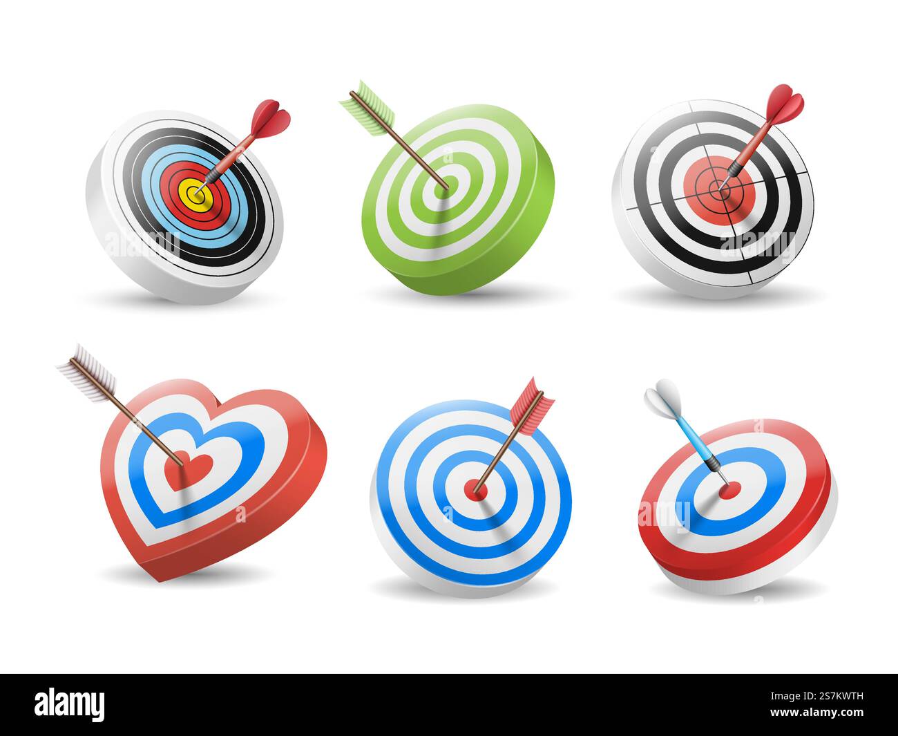 Set di bersagli e frecce in bullseye isolato su sfondo bianco. freccette 3d e frecce di tiro con l'arco al centro dei bersagli. Illustrazione vettoriale. Set di bersagli e frecce in bullseye isolato su sfondo bianco Illustrazione Vettoriale