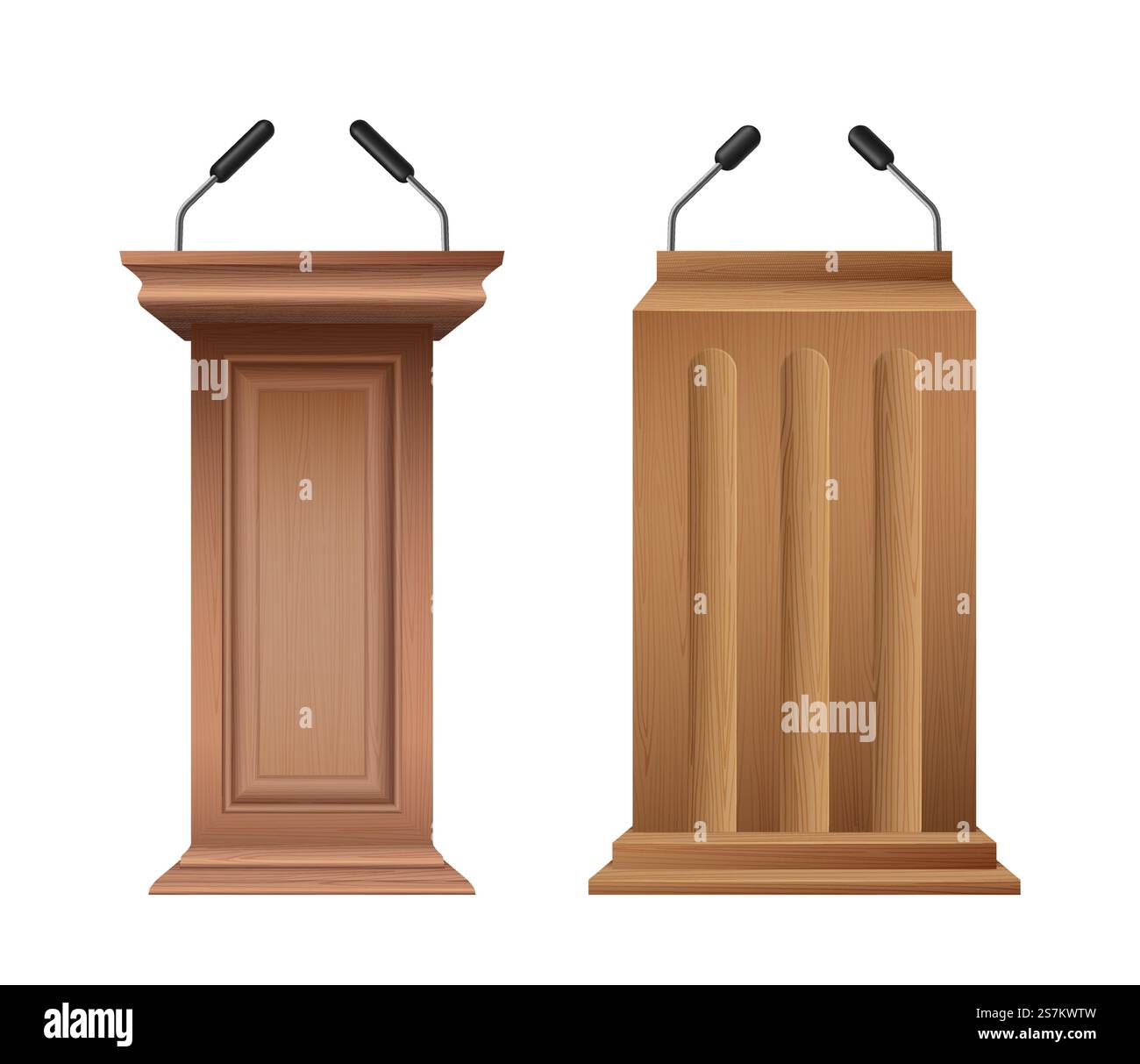 Classico pulpito in legno, podio o tribuno. Supporto per altoparlanti in rostrum con microfono per dibattiti in conferenza. Piedistallo per colloqui. Illustrazione vettoriale 3d realistica. Classico pulpito in legno, podio o tribuno. Piedistallo in rostrum con microfono per dibattiti in conferenza Illustrazione Vettoriale