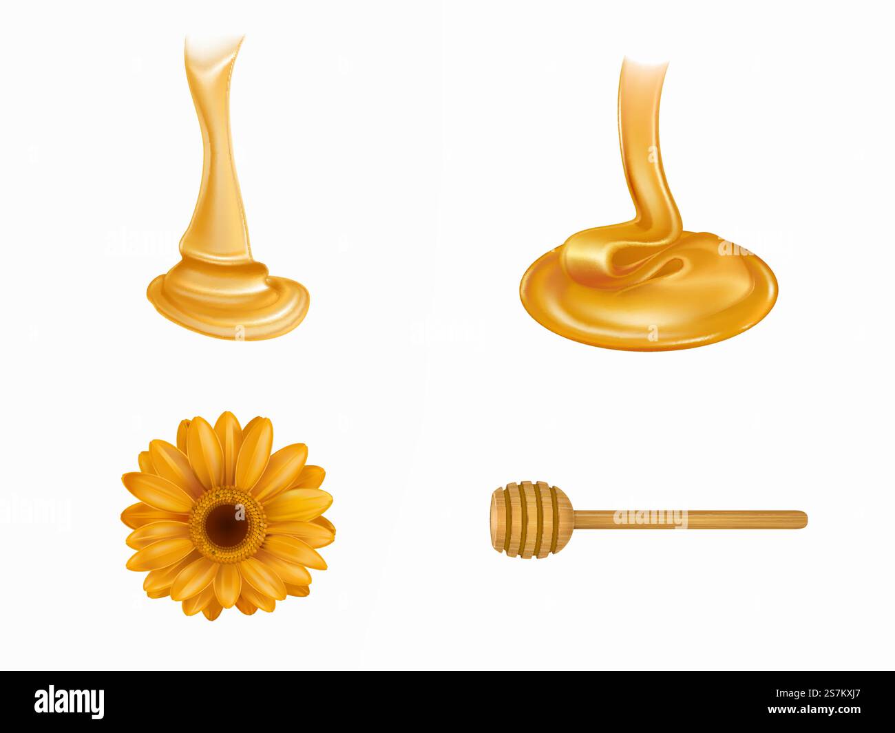 Miele che scorre, cucchiaia di legno e fiori gialli vettori realistici in 3D. Oggetti del settore dell'apicoltura isolati su sfondo bianco. Illustrazione di prodotti alimentari naturali e biologici. Set vettoriale realistico miele 3d appena raccolto Illustrazione Vettoriale