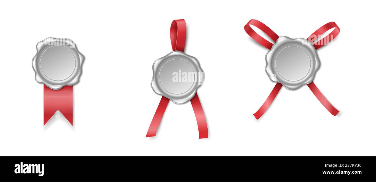 Set di sigilli per francobolli o paraffina con nastro isolato su sfondo bianco. Simbolo del timbro di qualità del certificato Silver. elemento decorativo medievale realistico in 3d. Illustrazione vettoriale. Set di sigilli per francobolli o paraffina con nastro isolato su sfondo bianco. Timbro di qualità certificato Silver Illustrazione Vettoriale
