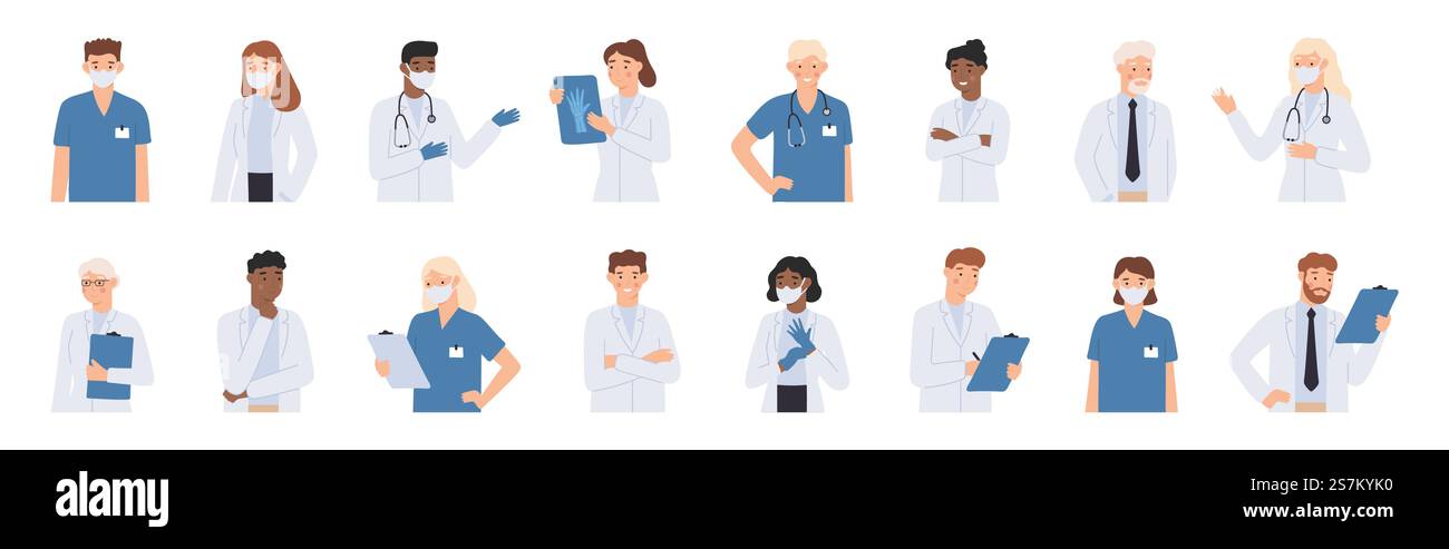 Personale ospedaliero. Medici in cappotti bianchi ritratto, infermiera in maschera viso e studente di medicina. Medico con illustrazione vettoriale stetoscopio . Pediatra specialista sanitario, uomo e donna studenti. Personale ospedaliero. Medici in cappotti bianchi ritratto, infermiera in maschera e studente di medicina in scrub. Set illustrazioni vettoriali per medici con stetoscopio Illustrazione Vettoriale