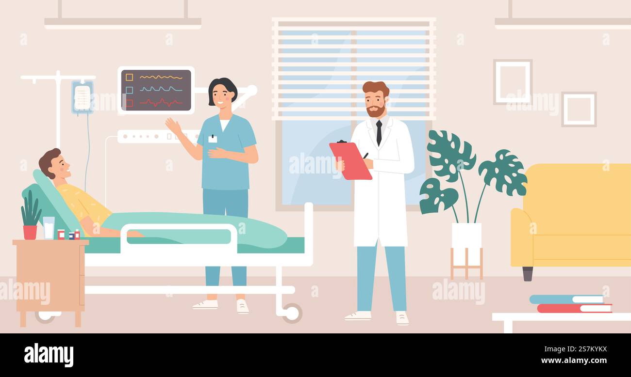 Stanza dell'ospedale. Il paziente nel reparto ospedaliero del letto, il medico e l'infermiere forniscono assistenza medica, terapia intensiva, concetto di vettore piatto sanitario. Personaggio uomo disteso a letto con contagocce in trattamento. Stanza dell'ospedale. Il paziente nel reparto ospedaliero del letto, il medico e l'infermiere forniscono assistenza medica, terapia intensiva, concetto di vettore piatto sanitario Illustrazione Vettoriale