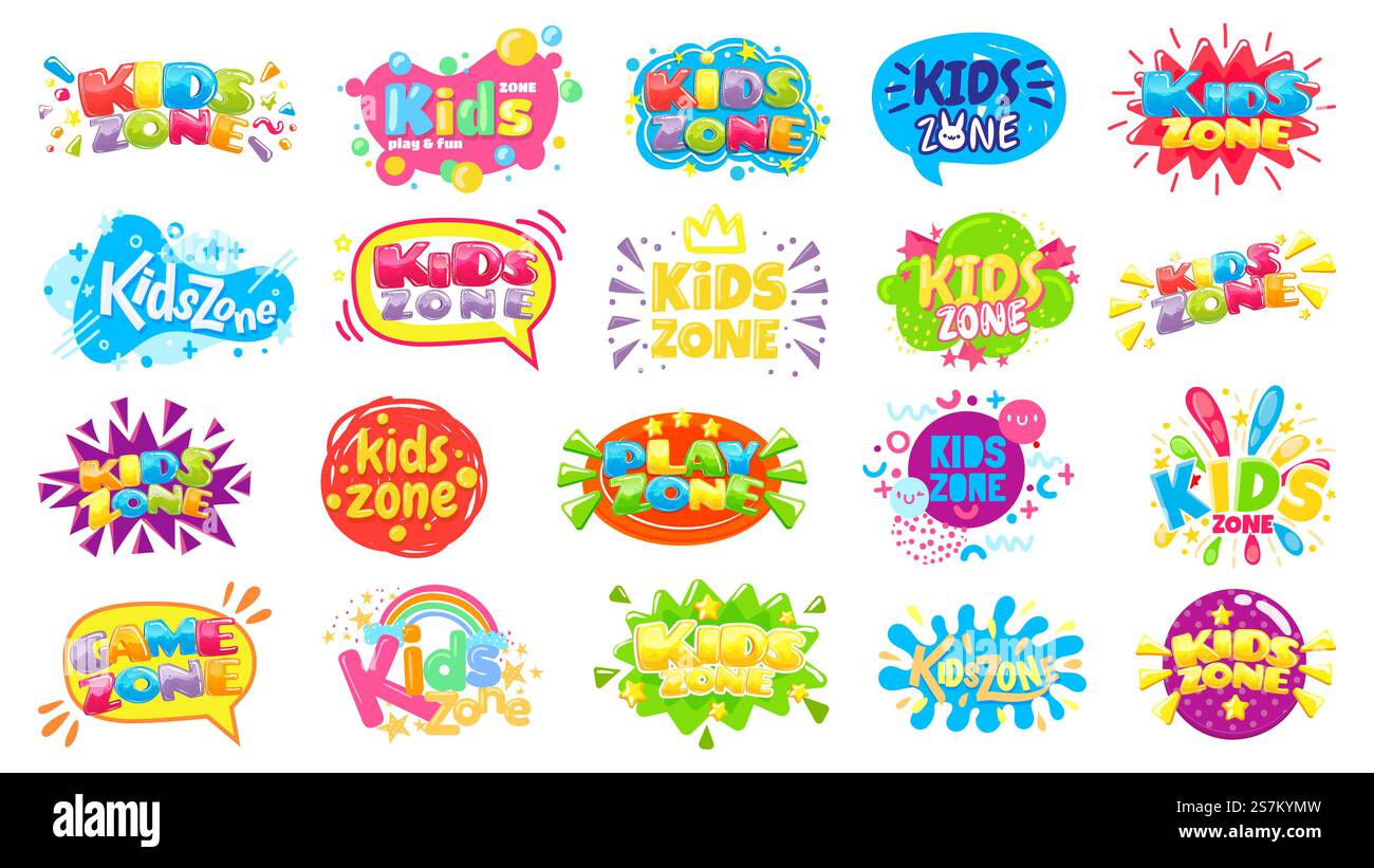 Badge zona bambini. Etichetta della stanza dei giochi per bambini, banner colorato dell'area di gioco e divertente set vettoriale di badge. Area giochi per bambini, immagine con emblema della camera dei bambini. Badge zona bambini. Etichetta della stanza dei giochi per bambini, banner colorato dell'area di gioco e divertente set vettoriale di badge Illustrazione Vettoriale