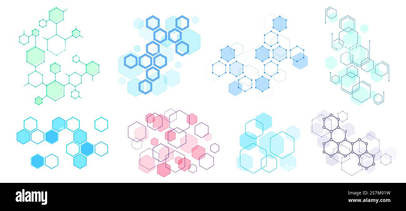 Struttura esagonale astratta. Composizione futuristica, strutture geometriche di rete esagonali e set di illustrazioni vettoriali a nido d'ape. Struttura a pattern esagonale, dna molecolare di design, poligono a nido d'ape. Struttura esagonale astratta. Composizione futuristica, strutture geometriche di rete esagonali e set di illustrazioni vettoriali a nido d'ape Illustrazione Vettoriale