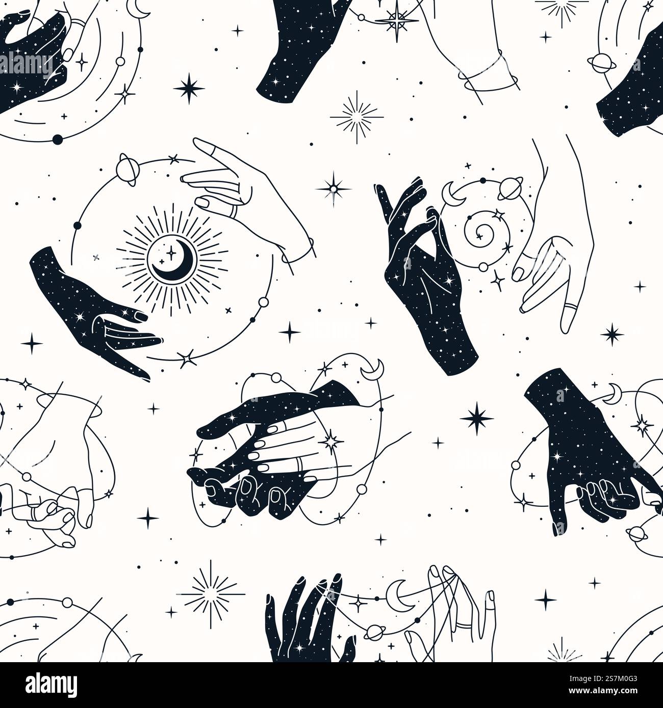 Schema vettoriale senza cuciture con mani di coppia e singole, pianeti, costellazioni, sole, lune e stelle. Sfondo alla moda per design di tessuto, confezione, custodia per telefono, cover per notebook, astrologia, carta da imballaggio. Illustrazione Vettoriale