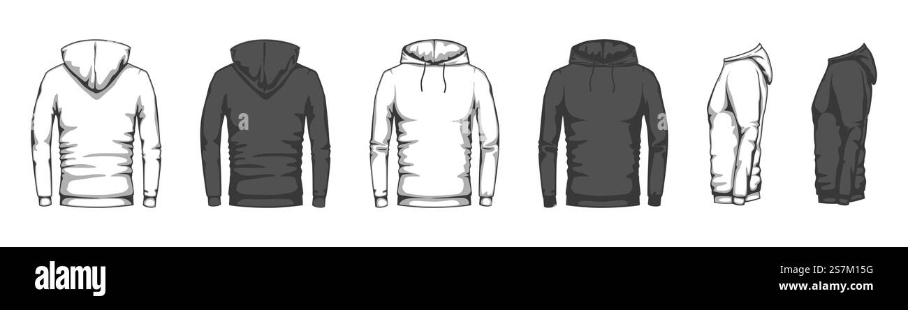 Mockup con cappuccio. Abbigliamento casual alla moda merchandising sportivo unisex, felpa vuota sul lato anteriore posteriore con cappuccio, set vettoriale piatto di stile oversize. Abbigliamento sportivo bianco e nero o tuta per l'allenamento. Mockup con cappuccio. Abbigliamento casual alla moda merchandising sportivo unisex, felpa vuota sul lato anteriore posteriore con cappuccio, set vettoriale piatto di stile oversize Illustrazione Vettoriale