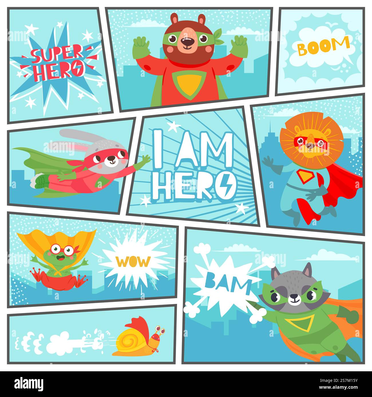 Superanimali comici. Supereroi volanti animali bambini nella pagina del libro con bollicine parlanti, simpatici e divertenti personaggi vettoriali d'epoca che indossano costumi. Striscia di cartoni animati con orso, coniglio e leone... Superanimali comici. Supereroi animaletti in una pagina del libro con bollicine parlanti, carino e divertente set di personaggi vettoriali di cartoni animati d'epoca. Illustrazione Vettoriale