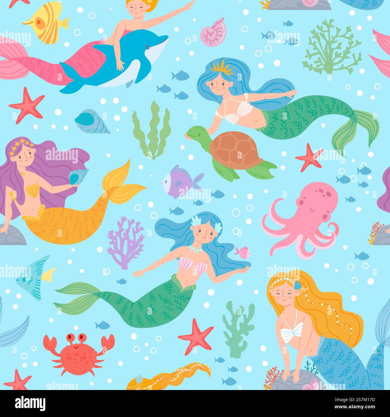 Motivo a sirena senza cuciture. Principesse da favola e creature marine dal design subacqueo per carta da parati, stampa in tessuto, texture vettoriale. Vita marina con tartarughe, polpi, granchi e stelle marine. Motivo a sirena senza cuciture. Principesse da favola e creature marine dal design subacqueo per carta da parati, stampa in tessuto, texture vettoriale Illustrazione Vettoriale