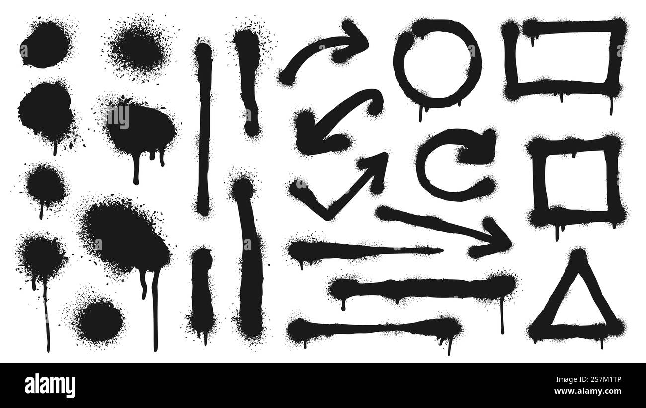 Linee spray per graffiti, punti grunge, frecce e cornici. Punto graffiti vettoriali sporco, inchiostro nero grunge, macchie di schizzi e illustrazione di gocciolamento. Linee spray per graffiti, punti grunge, frecce e cornici Illustrazione Vettoriale