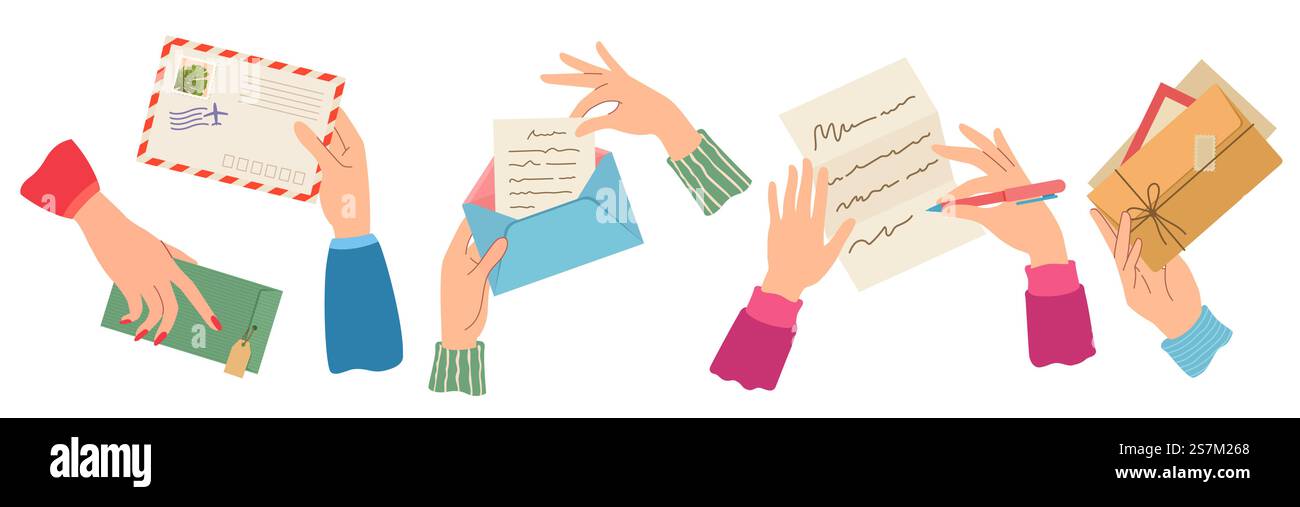 Le mani mandano una lettera. Donna che tiene a mano buste con timbri, scrive e legge lettere cartacee. Cartoline alla moda, set vettoriale per la consegna della posta. Illustrazione della corrispondenza con le buste. Le mani mandano una lettera. Donna che tiene a mano buste con timbri, scrive e legge lettere cartacee. Cartoline alla moda, set vettoriale per la consegna della posta Illustrazione Vettoriale