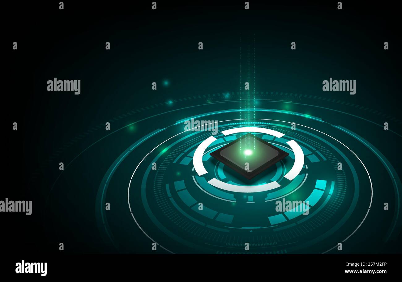 Computer quantistico, elaborazione dati di grandi dimensioni, concetto di database. Banner isometrico CPU. Concetto di CPU dei processori per computer centrali. Processore futuristico microchip a chip digitale Illustrazione Vettoriale
