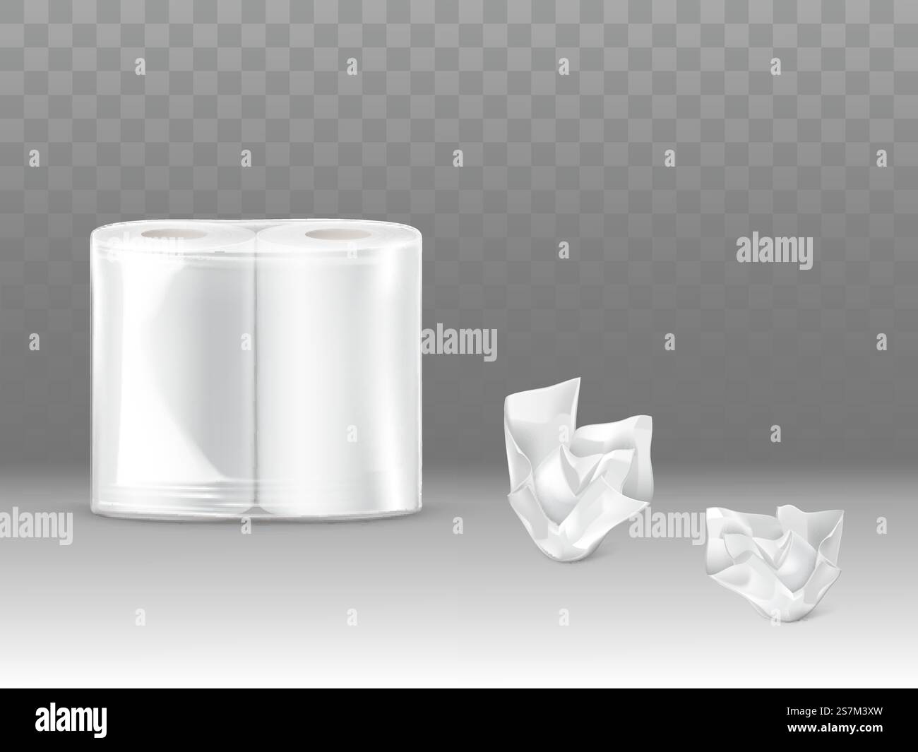 Carta igienica, carta da cucina confezione di asciugamani per mockup vettoriale realistico 3d con due rotoli di carta sigillati in plastica o polietilene, tovaglioli usati, vettoriale realistico 3d isolato su sfondo trasparente. Carta igienica, pacco di tovaglioli sigillato vettore realistico Illustrazione Vettoriale