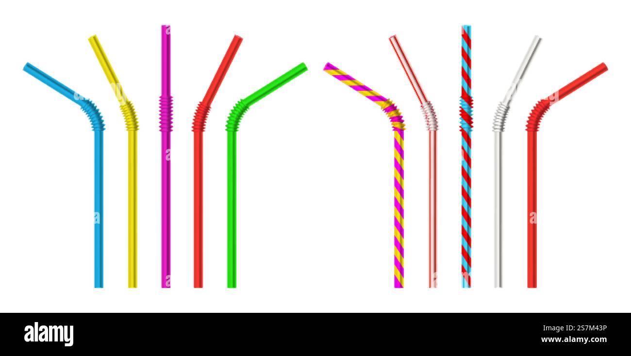 Bevendo paglia. Paillette da bere colorate e a righe in plastica, oggetti isolati, set di illustrazioni vettoriali 3d. Piega in paglia realistica per cocktail o succhi di frutta. Bevendo paglia. Paillette da bere colorate e a righe in plastica, oggetti isolati, set di illustrazioni vettoriali 3d. Illustrazione Vettoriale