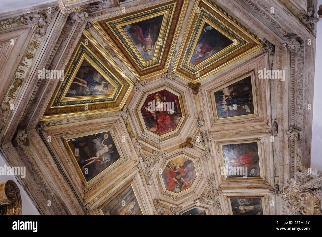 Sala della Cattedrale di Porto, opere d'arte a soffitto Foto Stock