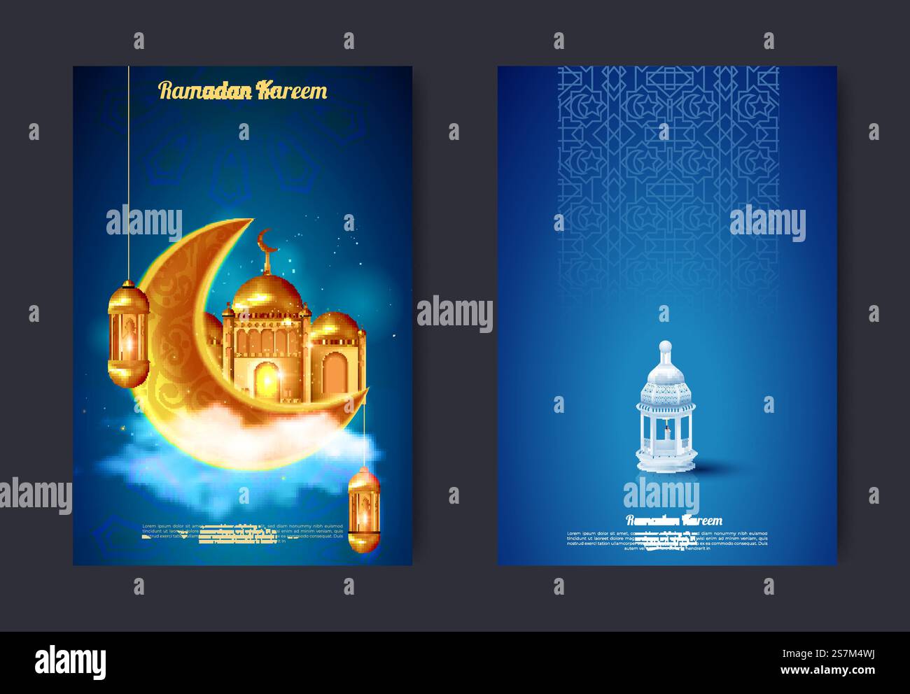 Ramadan Kareem e Eid Mubarak striscioni di saluto per le festività religiose musulmane. Decorazioni vettoriali di lanterne chiare, minareti moschea, luna crescente e stella scintillante con arabo per calligrafia islamica Illustrazione Vettoriale