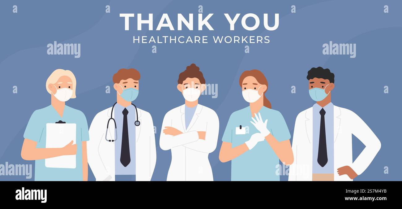 Grazie, medici. Operatori sanitari coraggiosi che combattono l'epidemia di coronavirus negli ospedali. Personale medico medici e infermieri, apprezzamento al personale medico. Illustrazione vettoriale della pandemia di COVID 19.. Grazie, medici. Un'assistenza sanitaria coraggiosa che combatte l'epidemia di coronavirus negli ospedali. Illustrazione vettoriale di medici e infermieri del personale medico. Illustrazione Vettoriale