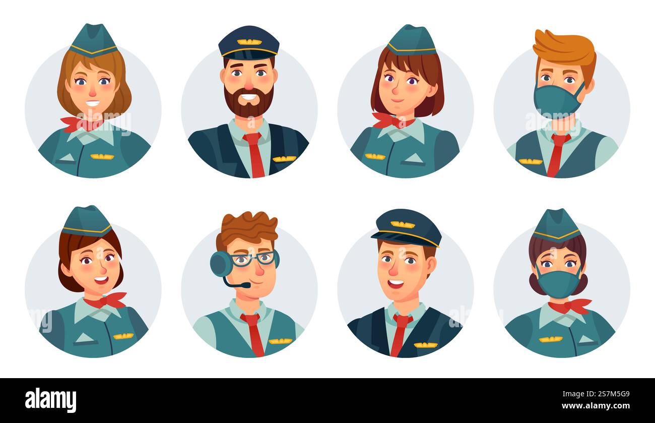 Avatar dell'equipaggio aereo. Pilota di linea, capitano di nave, hostess, assistente di volo e ingegnere di volo. Personale dell'aeroporto in set vettoriale di maschere. Donna e uomo sorridenti in uniforme, servizio di volo. Avatar dell'equipaggio aereo. Pilota di linea, capitano di nave, hostess, assistente di volo e ingegnere di volo. Personale dell'aeroporto in set vettoriale di maschere Illustrazione Vettoriale