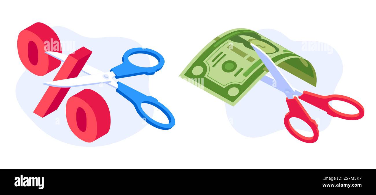 Concetto di riduzione della velocità. Forbici che tagliano banconote in dollari e percentuale. Crisi economica, recessione nominale del money banking. Illustrazione vettoriale di cartoni animati con simboli economici e finanziari. Concetto di riduzione della velocità. Forbici che tagliano banconote in dollari e percentuale. Crisi economica, recessione nominale del money banking Illustrazione Vettoriale