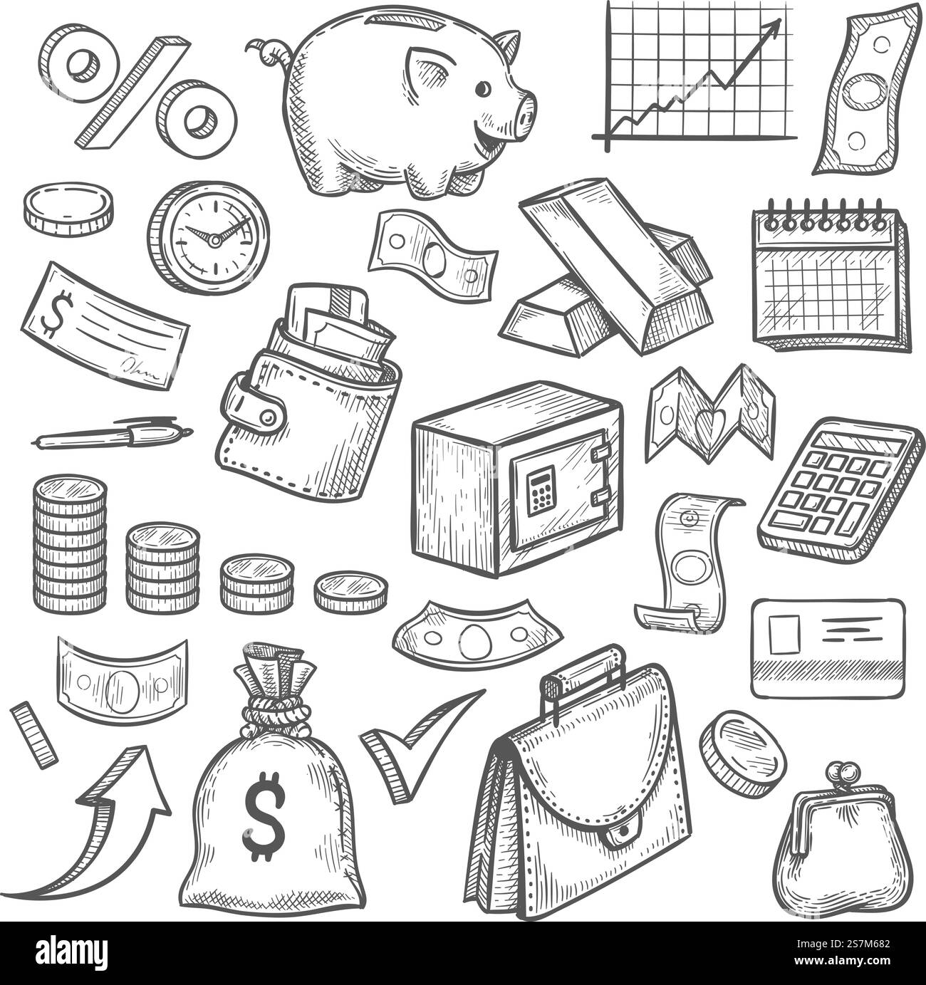 Sketch di denaro e banche. Banconote e monete in dollari disegnate a mano, salvadanaio e grafico aziendale. Portafoglio, set di vettori di investimento finanziari Gold bar, oggetti finanziari come carta di credito, valigetta. Sketch di denaro e banche. Banconote e monete in dollari disegnate a mano, salvadanaio e grafico aziendale. Portafoglio, set di vettori di investimento finanziari con barra d'oro Illustrazione Vettoriale