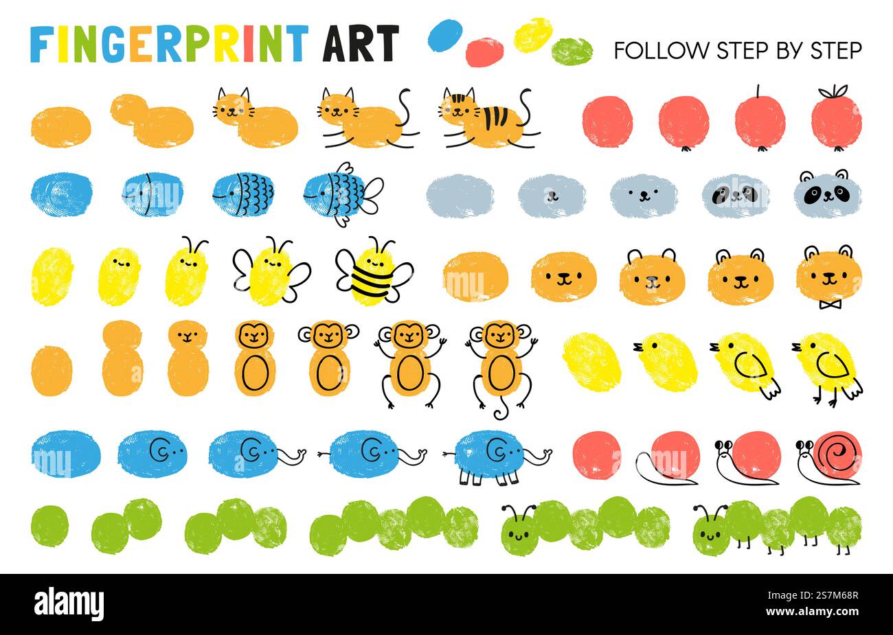 Fasi artistiche delle impronte digitali. Foglio di lavoro per i bambini che imparano a disegnare animali. Dipingere con l'attività dell'asilo con impronte digitali. Gioco per pagina vettoriale figlio. Disegnare gatto e mela, pesce e api, panda, scimmia. Fasi artistiche delle impronte digitali. Foglio di lavoro per i bambini che imparano a disegnare animali. Dipingere con l'attività dell'asilo con impronte digitali. Gioco per pagina vettoriale figlio Illustrazione Vettoriale Fasi artistiche delle impronte digitali. Foglio di lavoro per i bambini che imparano a disegnare animali. Dipingere con l'attività dell'asilo con impronte digitali. Gioco per pagina vettoriale figlio. Disegnare gatto e mela, pesce e api, panda, scimmia. Fasi artistiche delle impronte digitali. Foglio di lavoro per i bambini che imparano a disegnare animali. Dipingere con l'attività dell'asilo con impronte digitali. Gioco per pagina vettoriale figlio Illustrazione Vettoriale