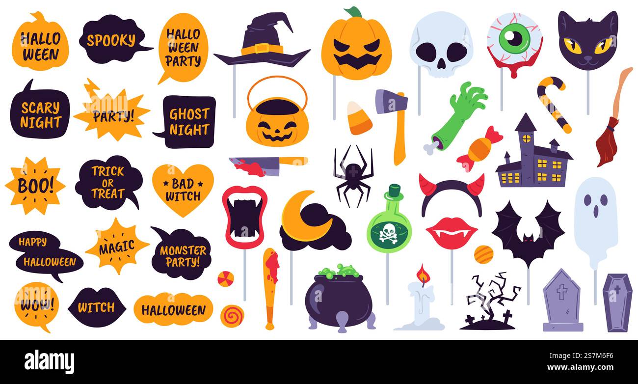 Oggetti di scena di Halloween. Accessori per le feste: Bolle di discorso con frasi, zucca, teschio e cappello da diavolo. Icone Spider, Ghost e bat, spazzatrice vettoriale. Mascherata di Halloween, illustrazione del set delle festività natalizie. Oggetti di scena di Halloween. Accessori per le feste: Bolle di discorso con frasi, zucca, teschio e cappello da diavolo. Icone Spider, Ghost e bat, spazzatrice vettoriale Illustrazione Vettoriale