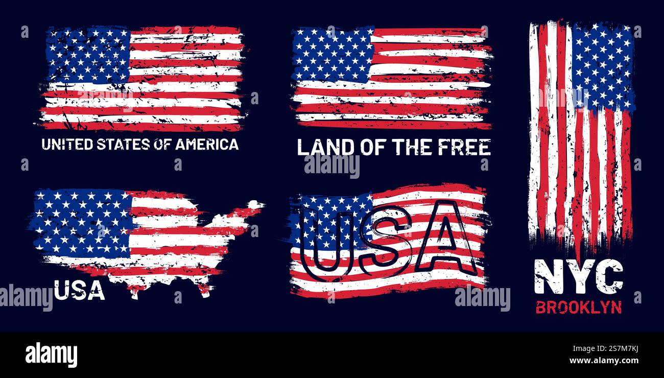 Bandiera americana grunge. Stampa in stile patriottico con bandiera e scritta US, T-shirt e poster grafica, set vettoriale texture grunge. USA flag grunge texture vintage, illustrazione united patriotic. Bandiera americana grunge. Stampa in stile patriottico con bandiera e scritta US, T-shirt e poster grafica, set vettoriale texture grunge Illustrazione Vettoriale