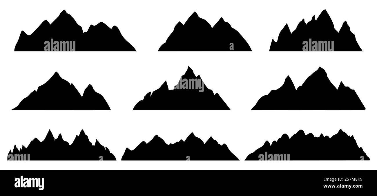 Silhouette da montagna. Forma del paesaggio della catena rocciosa. Escursioni a piedi su cime, colline e scogliere. Gruppo vettoriale di profilo astratto per arrampicata su pietra. Figura sagoma di montagna, scogliera rocciosa. Silhouette da montagna. Forma del paesaggio della catena rocciosa. Escursioni a piedi su cime, colline e scogliere. Gruppo vettoriale di profilo astratto per arrampicata su pietra Illustrazione Vettoriale