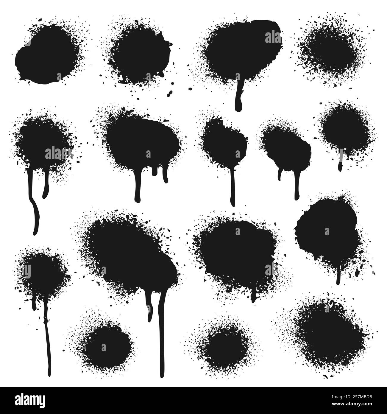 Struttura verniciata a spruzzo. Spruzzi di vernice, gocciolamenti di graffiti e vernici spruzzate. Stampa Street art, cerchio di vernice vandalica con una silhouette grintosa. Set di simboli vettoriali isolati. Struttura verniciata a spruzzo. Set vettoriale di vernici a spruzzo, gocce di graffiti e vernici a spruzzo Illustrazione Vettoriale